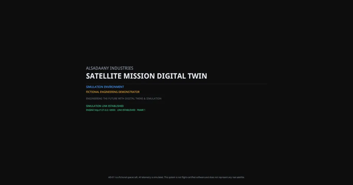 Dark start-up screen reading Satellite Mission Digital Twin, with a green SIMULATION LINK ESTABLISHED line showing engine http://127.0.0.1:8000, LINK ESTABLISHED, FRAME 1.