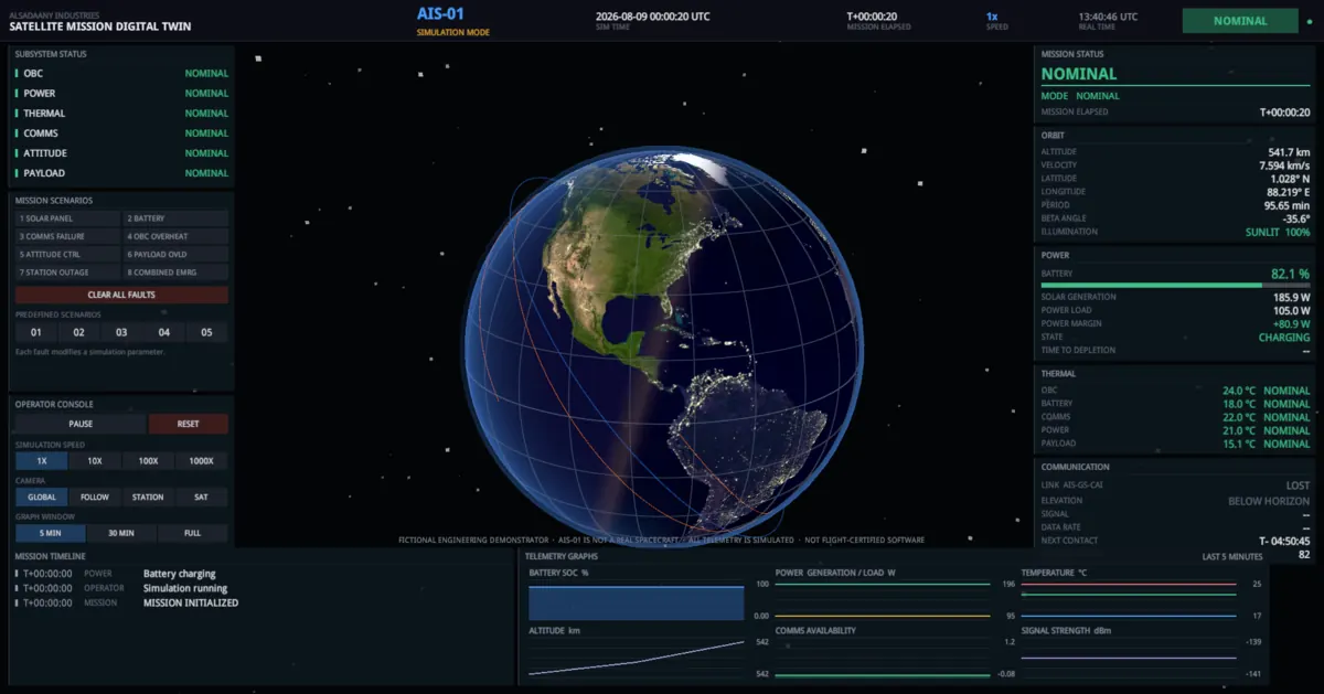 The AIS-01 mission-control console at T plus twenty seconds: Earth from orbit with the blue orbit path and orange ground track, six subsystems reading NOMINAL on the left, orbit, power, thermal and communications telemetry on the right, and the mission timeline and six live graphs across the bottom.