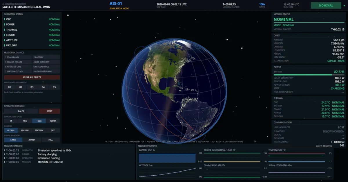 The console with the 100X speed button active, mission elapsed T plus two minutes fifteen seconds, all subsystems still nominal.