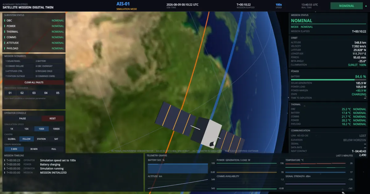 Close view of the satellite with deployed solar arrays over north-east Africa, orbit path and ground track lines crossing the frame.