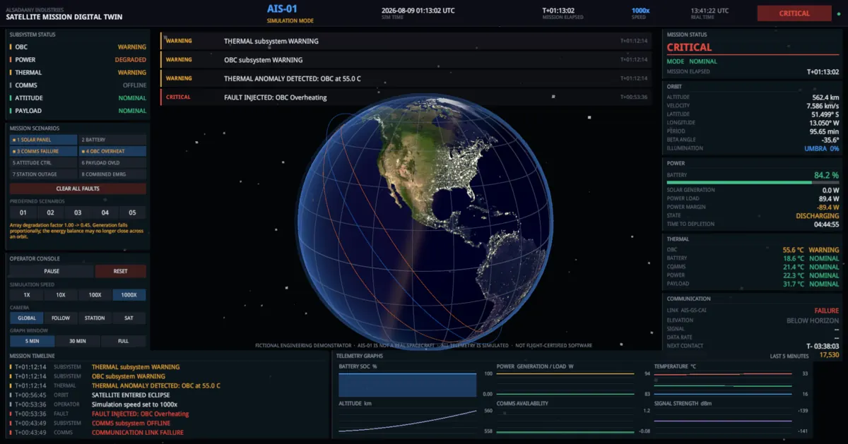 Console in eclipse with illumination reading UMBRA 0 percent, zero solar generation, and the OBC at 55.6 degrees Celsius flagged WARNING.