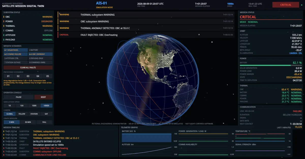 Console with THERMAL ANOMALY DETECTED alerts, OBC at 60.4 degrees Celsius in amber, and mission status CRITICAL.