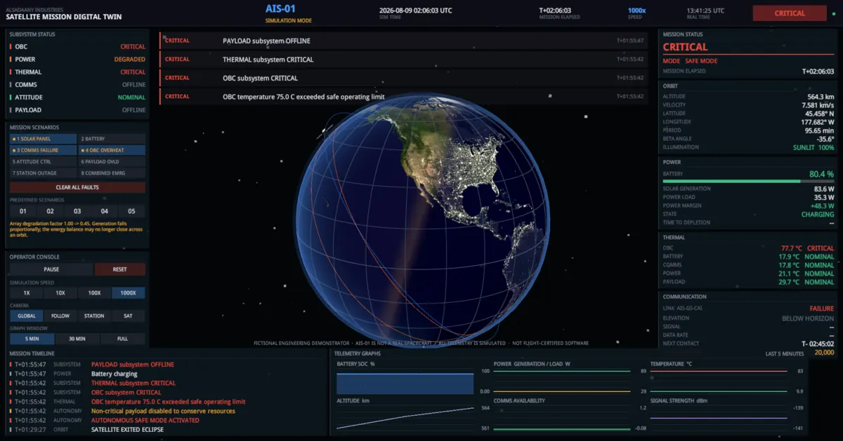 Console in safe mode: mission status CRITICAL, mode SAFE MODE, OBC at 77.7 degrees Celsius in red, payload and comms subsystems offline, and a timeline entry reading AUTONOMOUS SAFE MODE ACTIVATED.
