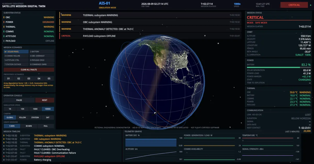 Console after the operator cleared the faults: fault buttons no longer highlighted, but mode still reads SAFE MODE and the payload is still offline while the OBC cools through 59.8 degrees Celsius.